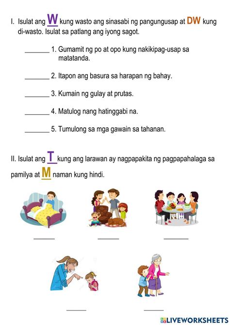 pagmamahal sa pamilya worksheet|EsP 1 .